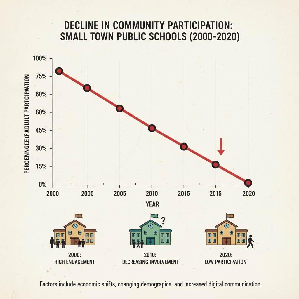 A graphical display of the decline in community participation in small town public schools over a period of years. Graph showing the decreasing community involvement in small town public schools relevant to public schools, community separation, and youth programs