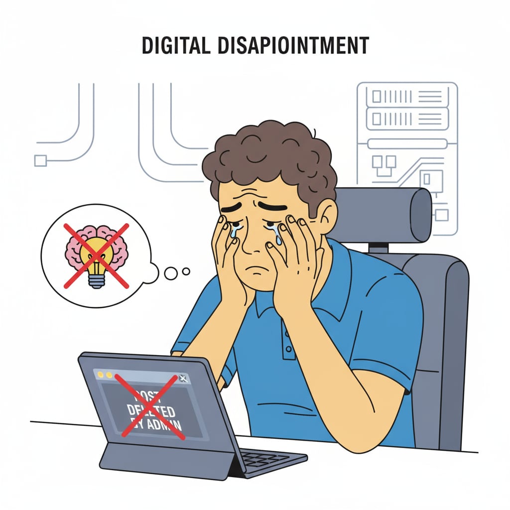 A picture depicting a person with a sad expression after finding out their PLC post has been deleted. A person looking disappointed after their PLC post was deleted