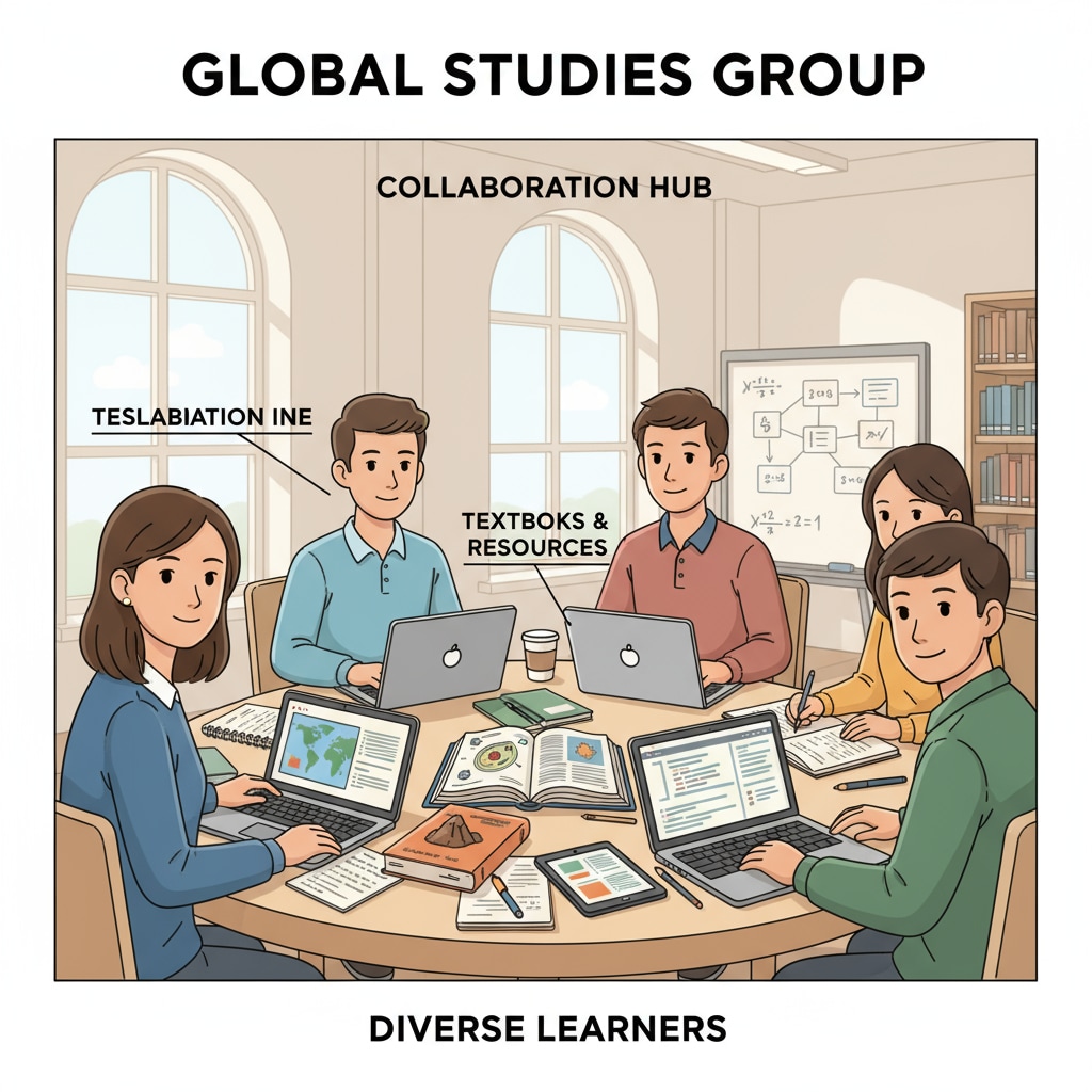 A diverse group of students studying together, with various textbooks, laptops, and educational materials scattered around them, showing a collaborative learning environment. A group of students with different learning needs, including those with autism, exploring Brainly alternatives to complete academic tasks.