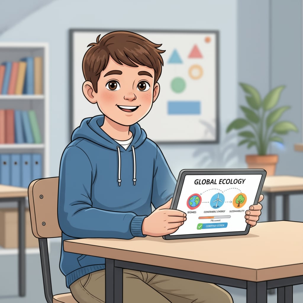 A young student sitting at a desk, using a tablet to access an online learning platform. The screen shows an interactive learning module, indicating the use of modern educational resources. A student with autism using an alternative to Brainly to overcome learning difficulties and complete academic tasks.