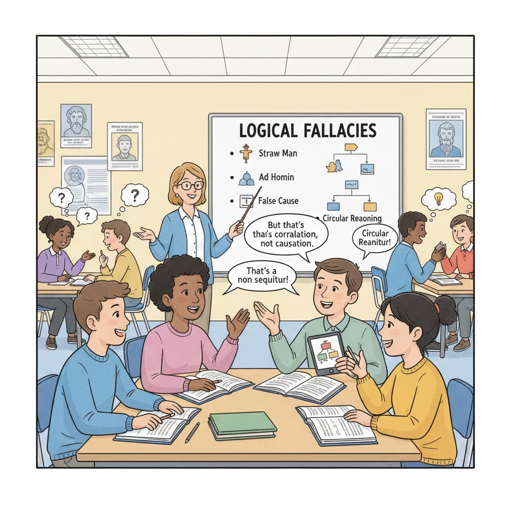 A classroom scene where students are actively discussing and analyzing logical fallacies. Students discussing logical fallacies to enhance critical thinking and manipulation detection skills.