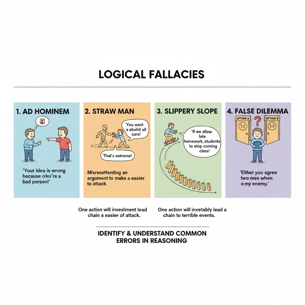 A graphic showing different types of logical fallacies, making it easier for students to understand and identify them. Visual representation of logical fallacies for better comprehension in critical thinking and manipulation detection.