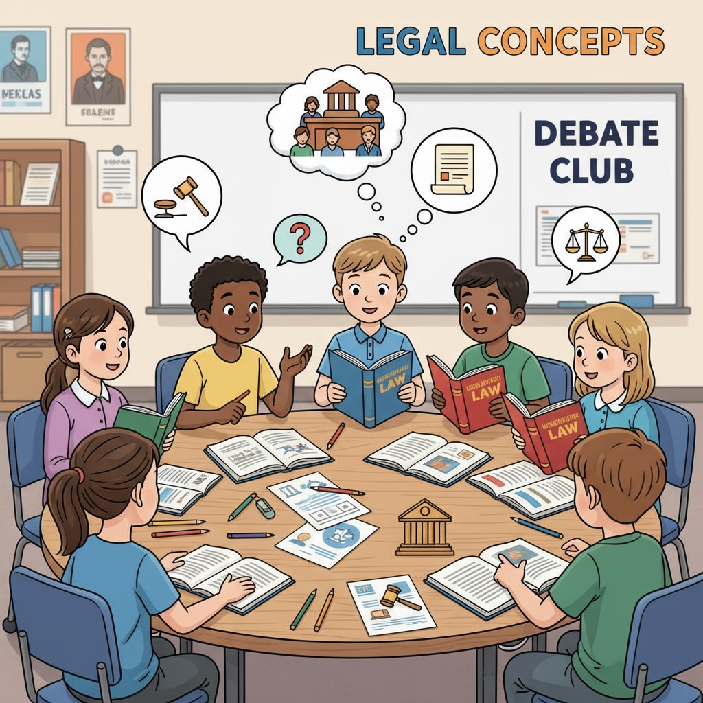 A group of K12 students are sitting around a table, engaged in a lively discussion about legal concepts. Some are holding books, and all seem actively involved. K12 students actively discussing legal concepts for active recall in legal learning