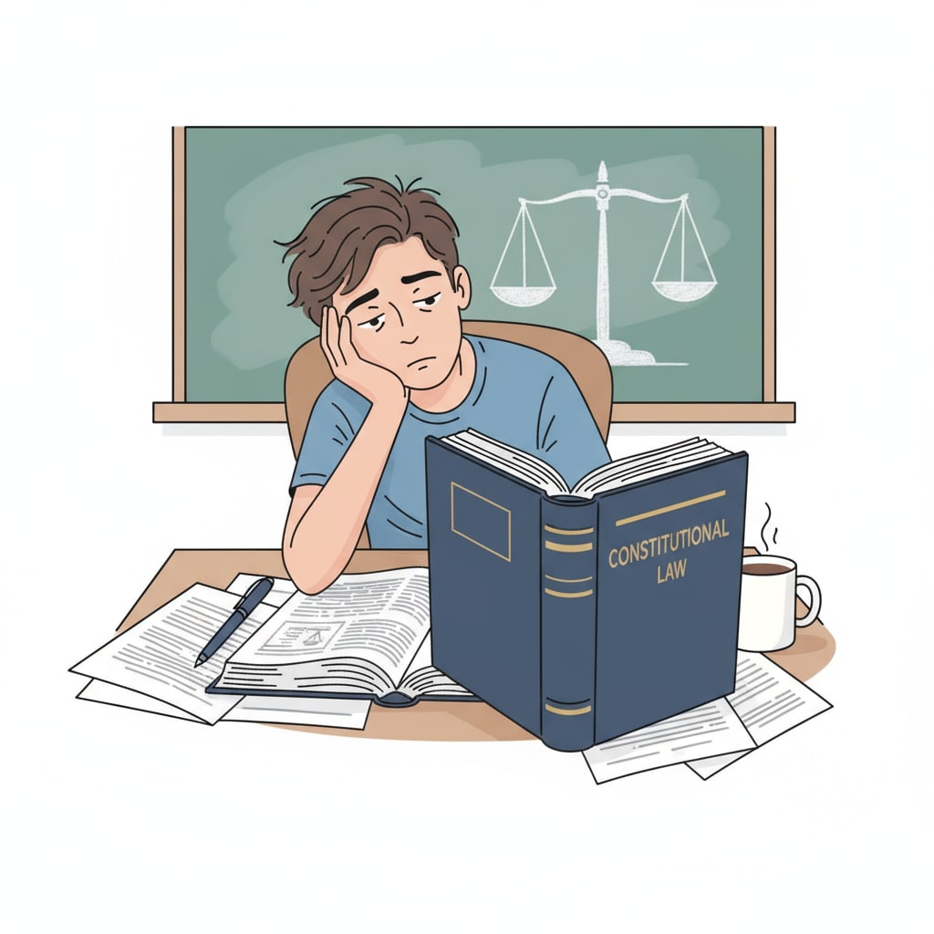 A student is sitting at a desk, looking bored while reading a thick legal book. The book is open, but the student's body language shows lack of engagement. A student passively reading a legal book in traditional legal learning