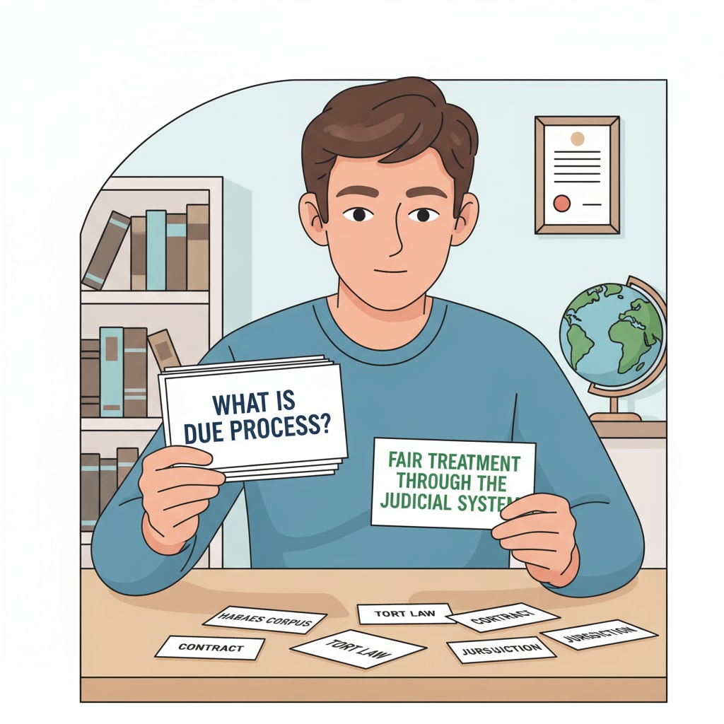A student is sitting at a table, using a set of flashcards to study legal terms. The flashcards have questions and answers related to different legal concepts. A student using flashcards for spaced repetition in legal learning