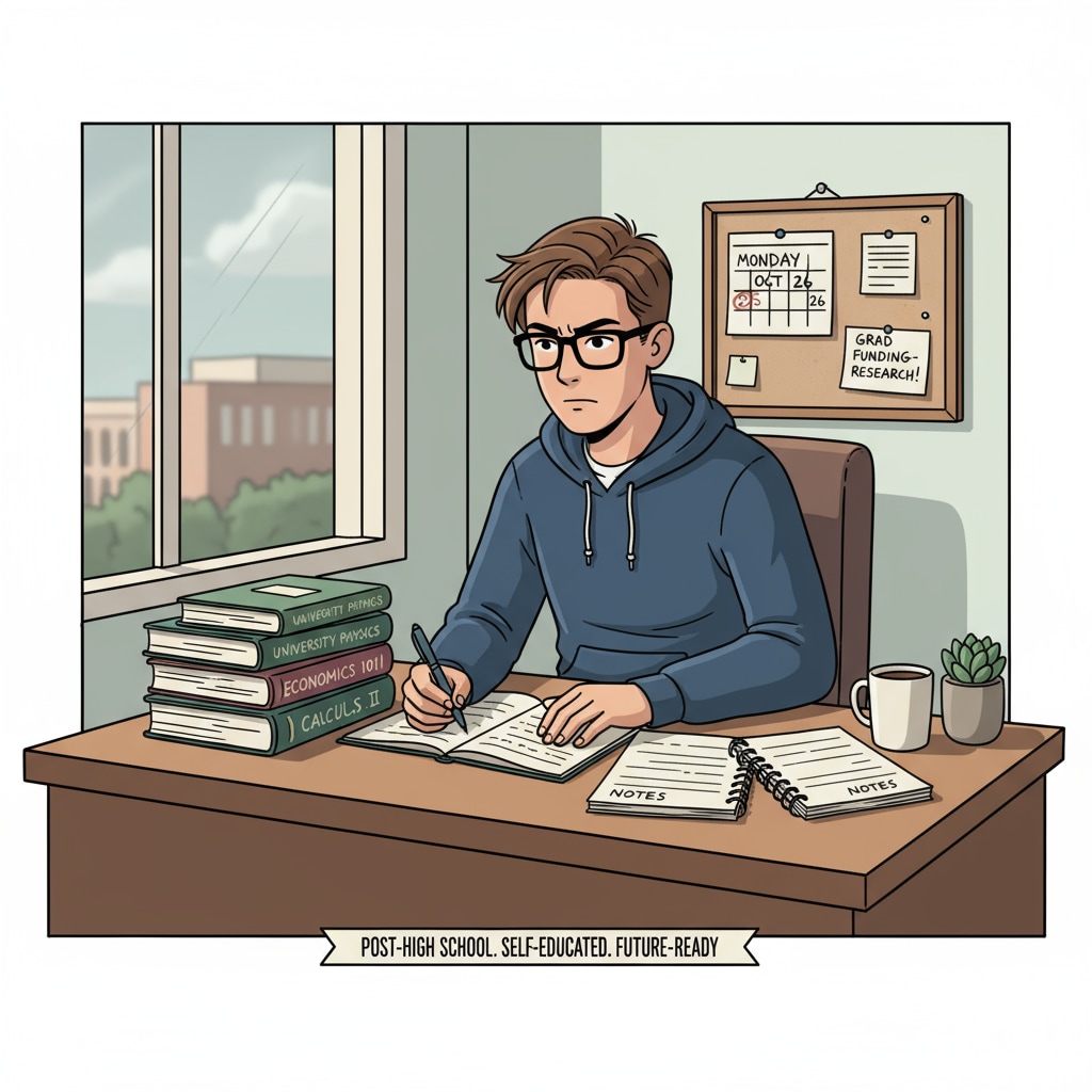 A student is sitting at a study desk. There are textbooks and notebooks neatly arranged in front of them. The student has a focused look on their face, ready to start studying. This represents the determination to engage in self-education after high school. A determined student ready for self-education after high school