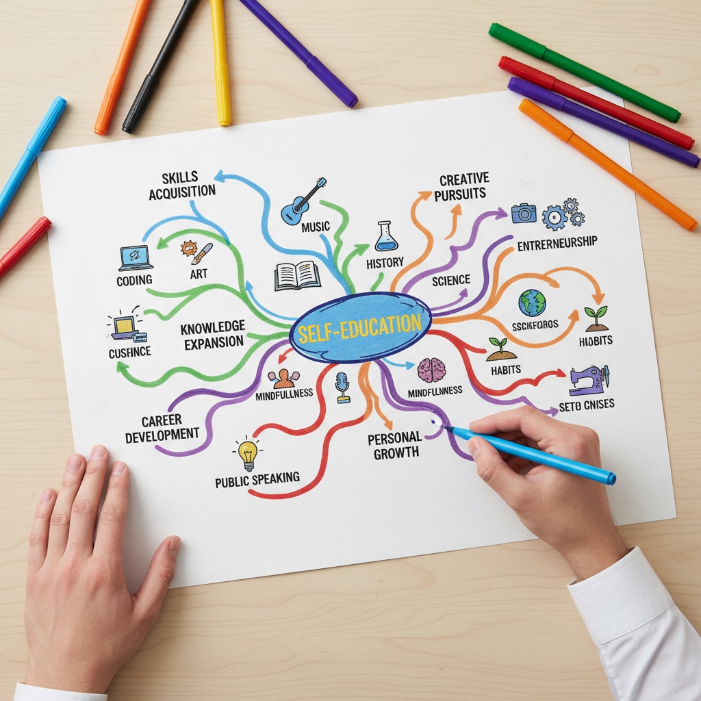 A student is using colored pens to draw a detailed mind map on a big sheet of paper. The mind map has branches with different topics and subtopics, showing an effective learning method for self-education. A student using mind mapping for self-education after high school