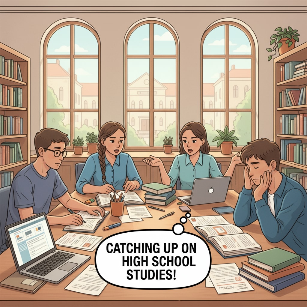 A group of students are sitting around a table in the library, discussing and studying together. They are focused on catching up on their high school studies after facing setbacks. Students studying together to make up for high school educational gaps and acquire key skills