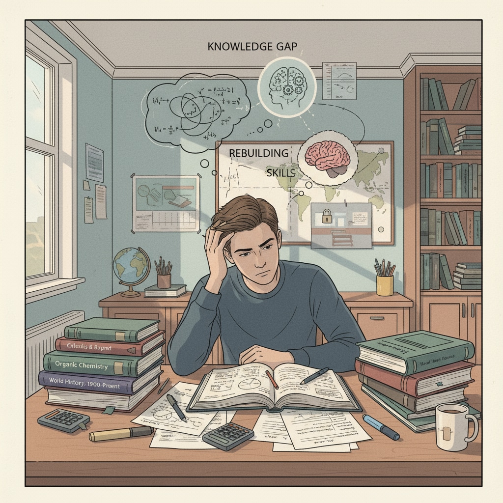 A single student is sitting at a desk, looking at textbooks and notebooks, trying to figure out what knowledge and skills they have missed during their high school study interruption. Student analyzing educational gaps in high school studies to acquire key skills