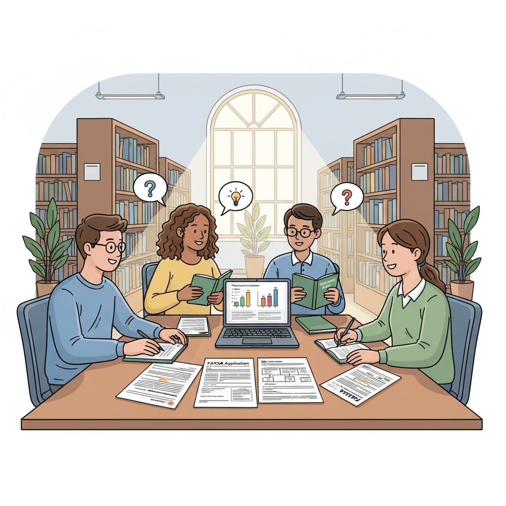 A group of students sitting around a table in a library, discussing and looking at FAFSA application materials. Students discussing FAFSA application in a library for associate degree holders pursuing nursing prerequisites