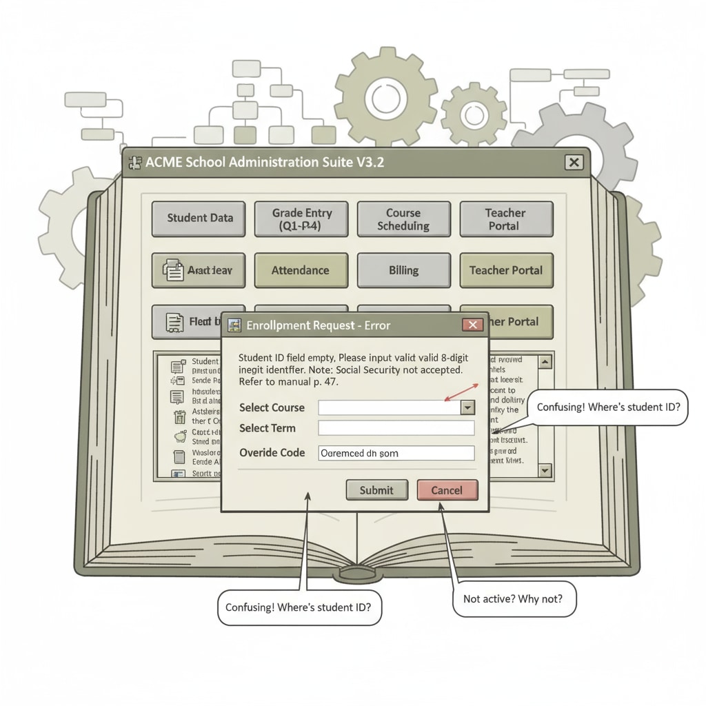 A computer screen displays the interface of a traditional school management portal, highlighting its less intuitive design and potential limitations. Traditional school management portal interface showing limitations