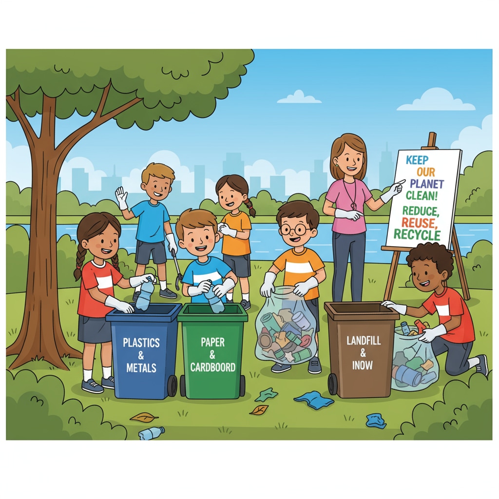 A group of K-12 students are actively involved in an environmental clean-up activity, picking up litter and sorting recyclables. K-12 students participating in environmental protection activity related to environmental issues and social change