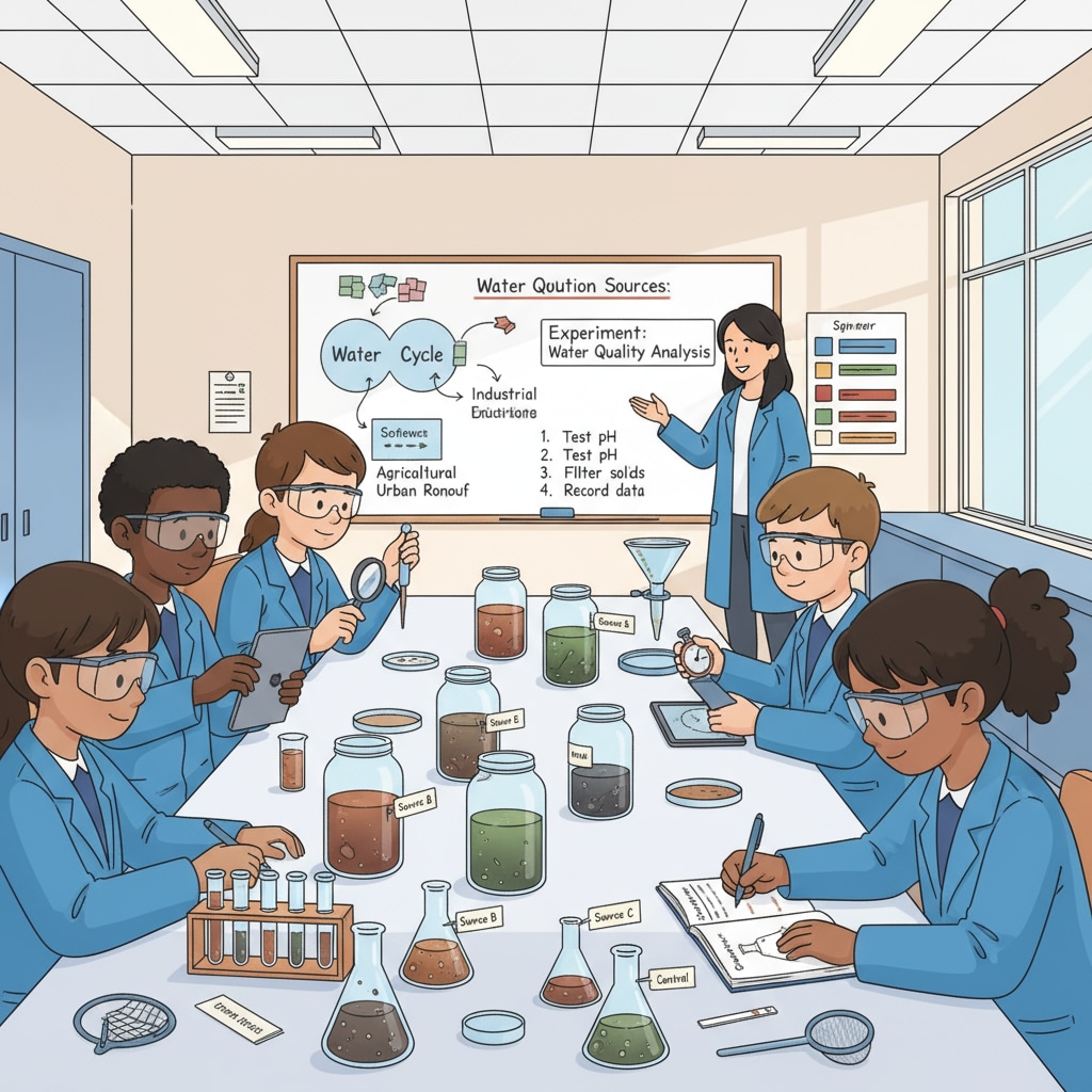 Students in a K-12 science class are carefully conducting an experiment on water pollution, observing and recording data. K-12 students conducting environmental protection-related experiment in science class for social change