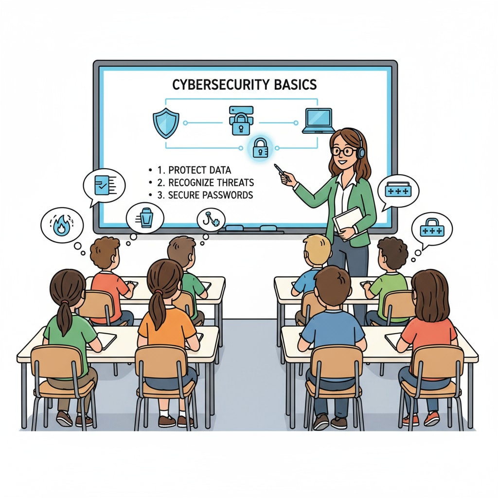 A group of K12 students attentively listening to a cybersecurity lecture. The lecture is being conducted in a modern classroom with visual aids on the board. K12 students engaged in a cybersecurity lecture related to cybersecurity education, student engagement, and teaching experience
