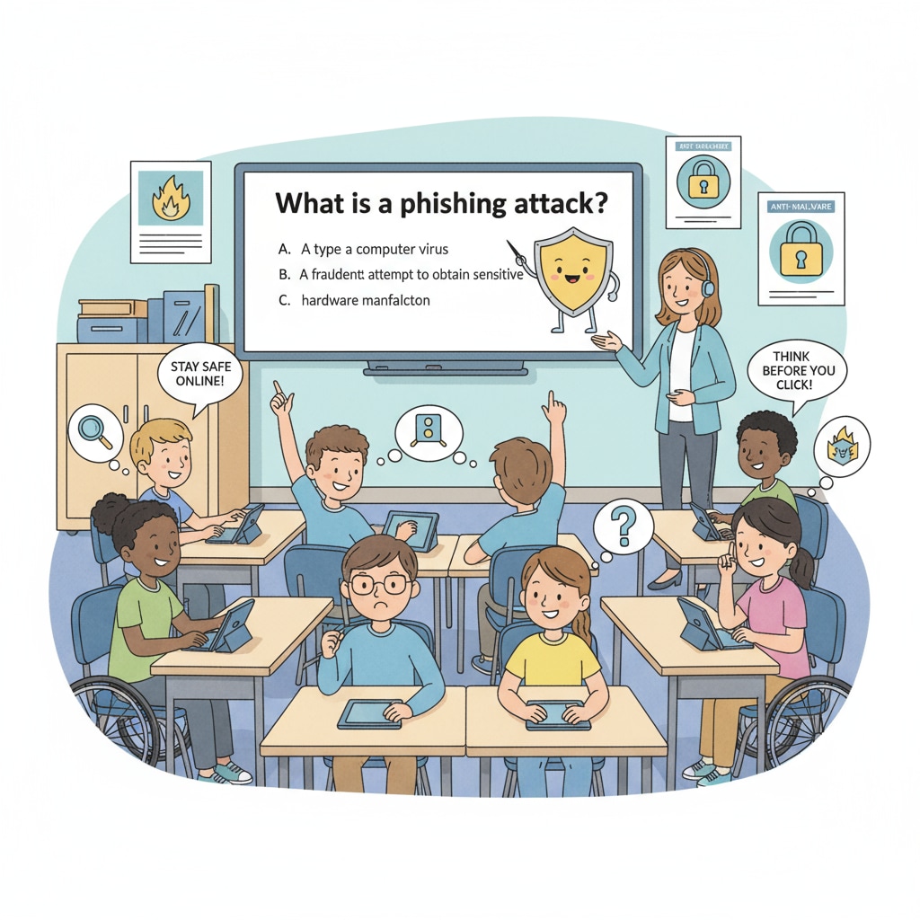 A classroom of students participating in a cybersecurity quiz. The students are actively answering questions, showing high levels of engagement. Students participating in a cybersecurity quiz for enhanced student engagement in cybersecurity education with teaching experience in mind
