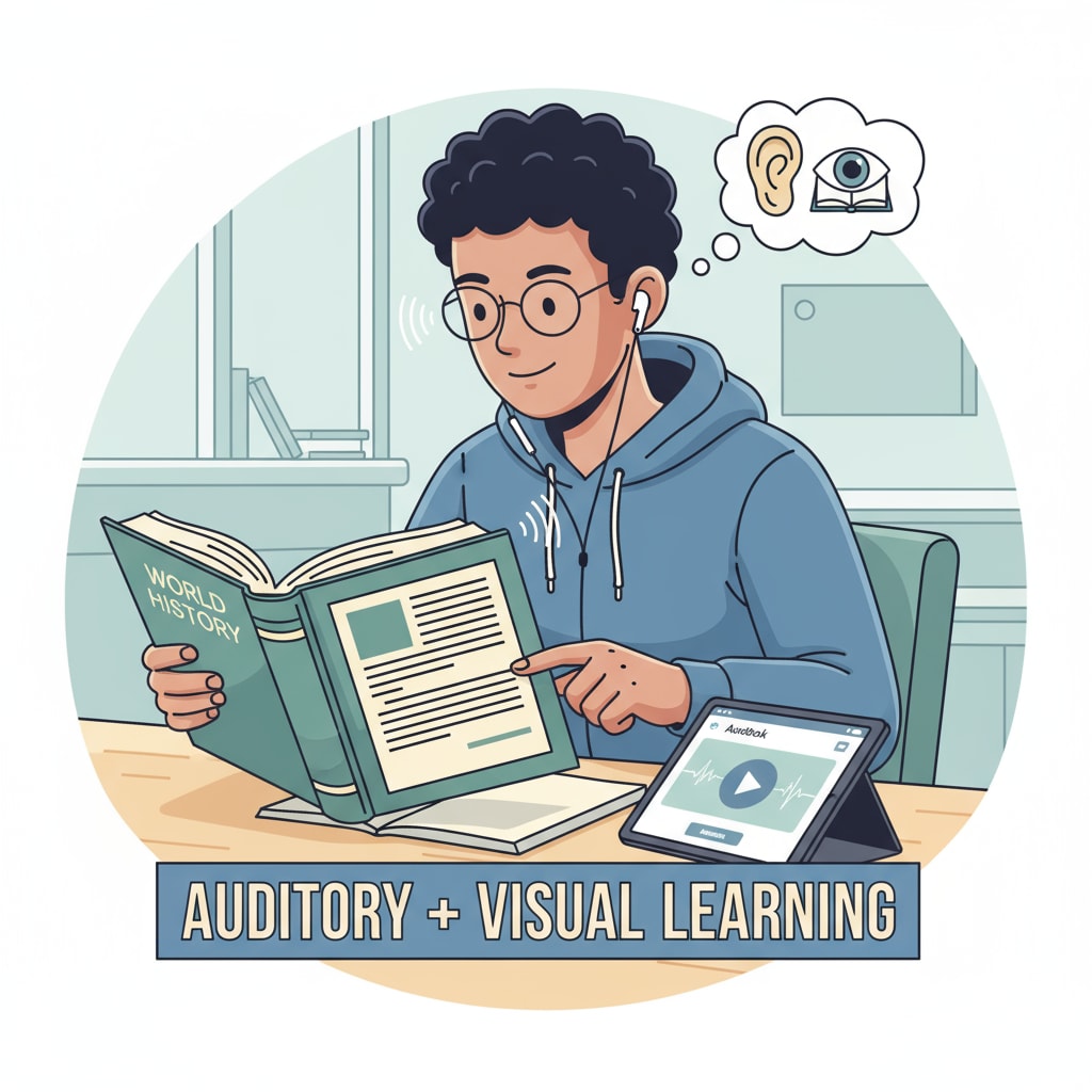 A student is listening to an audiobook while following along with a printed text, showing the combination of auditory and visual learning. A student engaged in listening to an audiobook for language arts education to improve reading fluency.