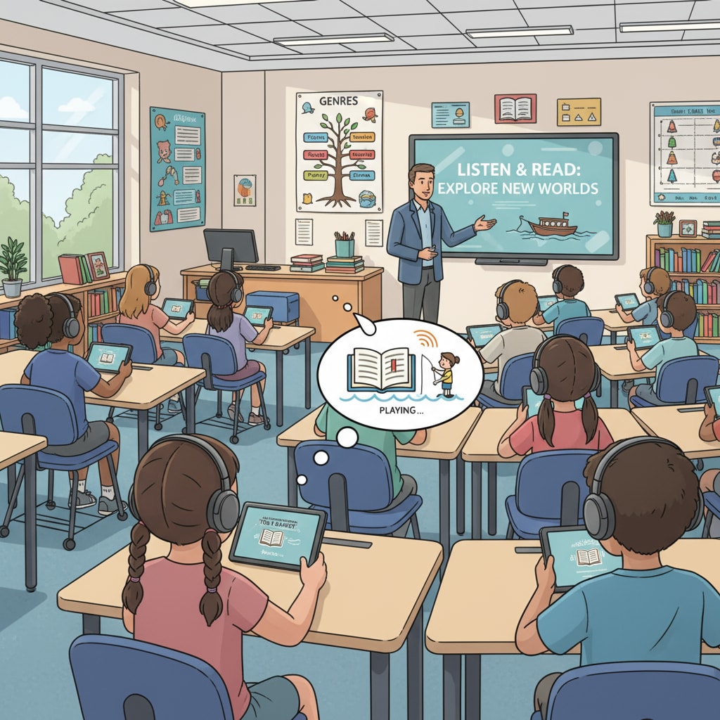 A classroom setting where students are using tablets to listen to audiobooks, highlighting the use of technology in language arts education. Students in a classroom using tablets to access audiobooks for language arts learning and its relation to reading fluency.