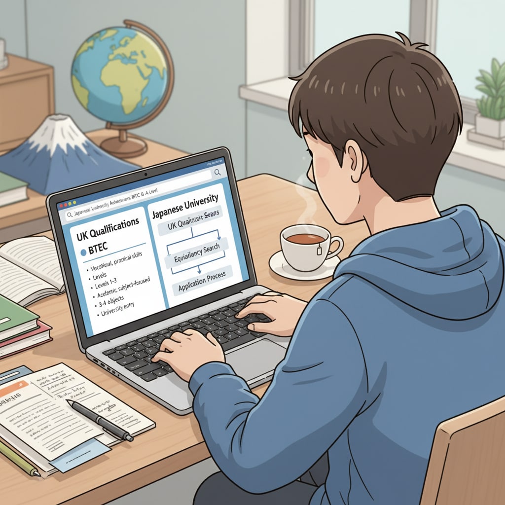 A student looking at a laptop screen with information about BTEC and A - Level qualifications while researching Japanese university admissions. A student researching Japanese university admissions with information on BTEC and A - Level qualifications relevant to Japanese study abroad