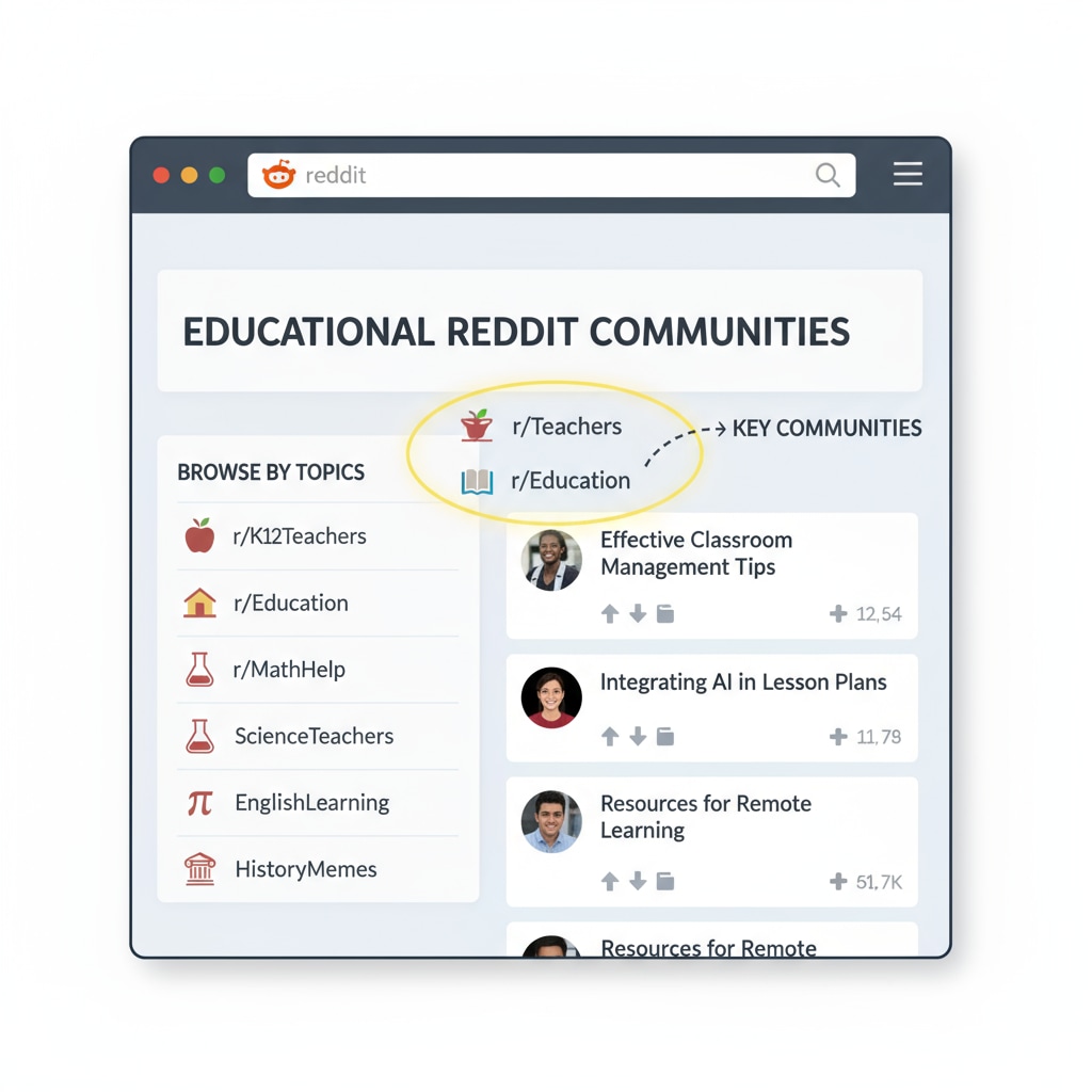 An image showing the Reddit interface with various educational subreddits such as r/Teachers, r/K12Teachers, and r/Education highlighted. Educational subreddits on Reddit for K12 teachers navigation