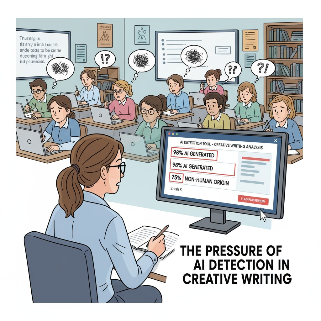 A classroom scene depicts students writing with concerned looks on their faces. The teacher is examining something on a computer that shows an AI detection tool interface, highlighting the pressure students may feel due to AI detection in creative writing classes. High school students under pressure from AI detection in creative writing class
