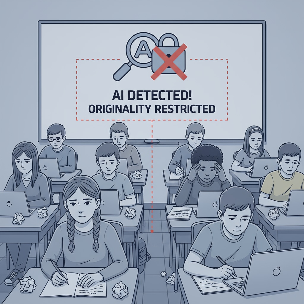 A group of students appears frustrated while writing their creative works, with an icon of an AI detection tool visible in the background, symbolizing how AI detection restricts their expressive freedom in creative writing. Students frustrated by AI detection in creative writing