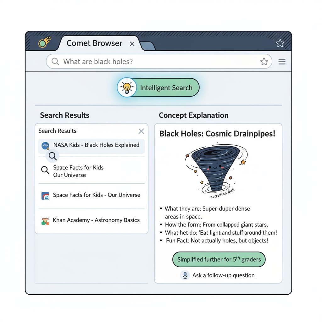 The interface of Comet Browser highlighting features like intelligent search and concept explanation relevant to K12 learning. Comet Browser features for K12 education