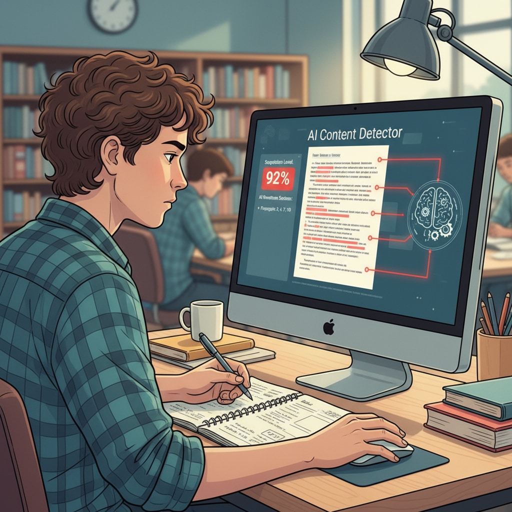 A student is sitting at a desk, concentrating on a computer screen. The screen shows an interface of an AI detector highlighting parts of a document that are suspected of being AI - rewritten. A student using a computer with an AI detector and a potentially AI - rewritten document