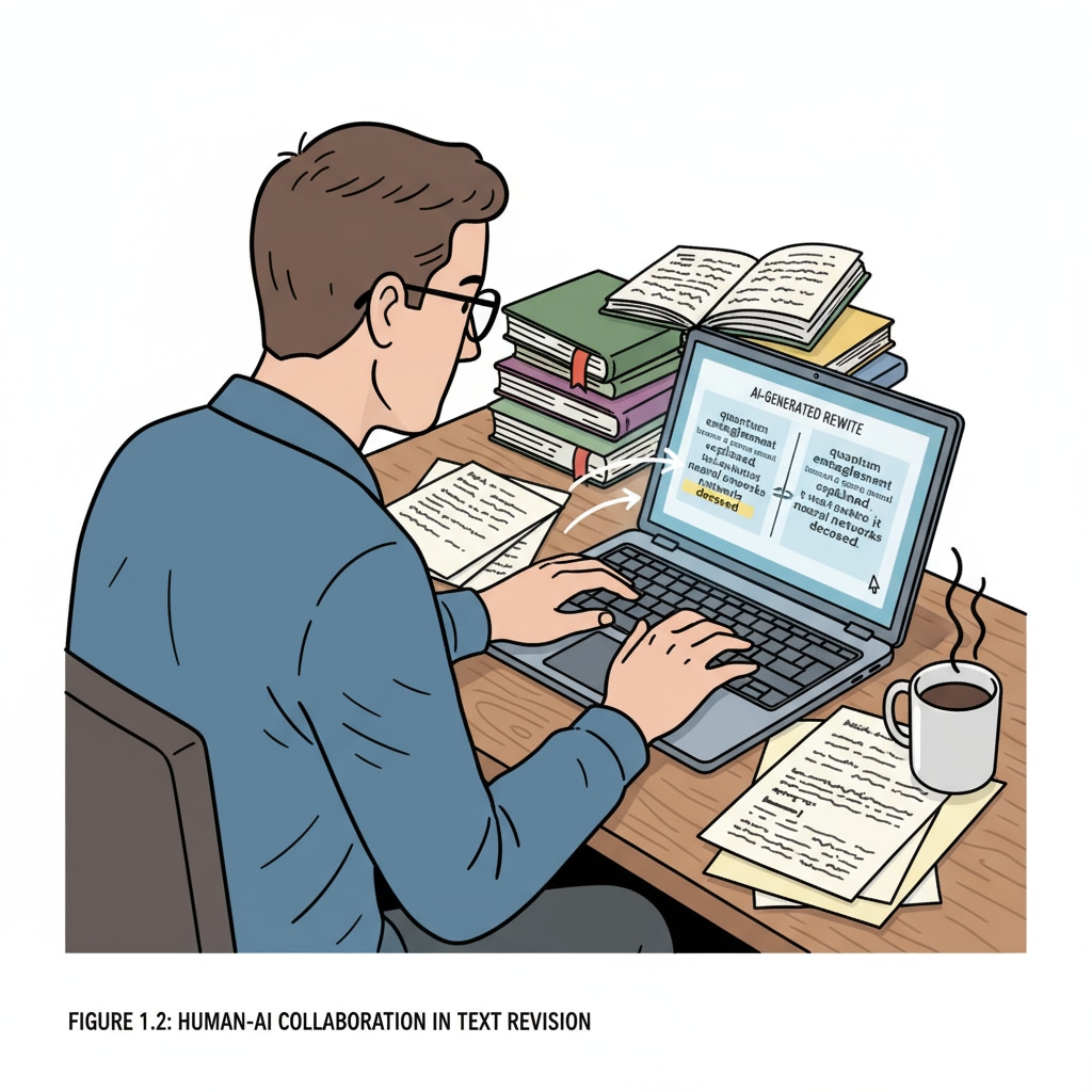 A person is sitting in front of a keyboard, typing intently. There are papers scattered around, and the laptop screen shows an AI - rewritten text that the person is in the process of manually inputting. A person manually inputting AI - rewritten content on a keyboard