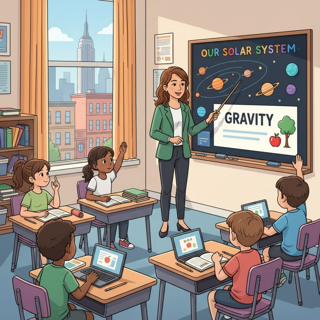 A group of students and teachers are actively engaged in a learning activity in a New York City classroom. The students are listening attentively, and the teacher is explaining a concept. Students and teachers in a New York City classroom related to city education virtual interviews NYC DOE