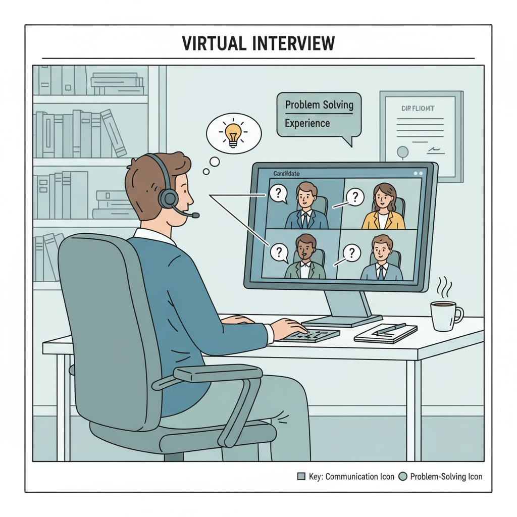 A person is sitting in front of a computer, participating in a virtual interview. The person is focused on the screen, answering questions. Person participating in a virtual interview relevant to city education virtual interviews NYC DOE