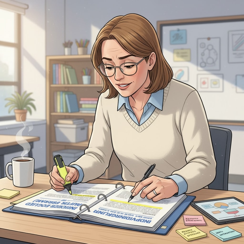 A teacher is shown concentrating on an IEP document, with a pen in hand, highlighting the effort to understand it. Special education teacher facing understanding difficulties with an IEP document