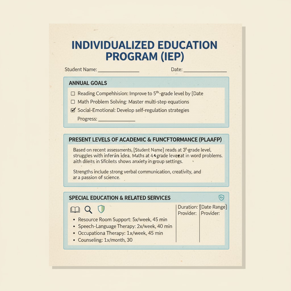 A close-up view of an IEP document page, revealing sections on goals, performance, and services. Close-up of an IEP document highlighting its detailed content related to special education understanding difficulties
