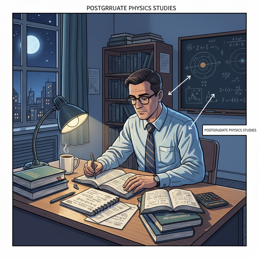 An in-service physics teacher is shown studying postgraduate materials during night school, with books and notes spread out on a table. An in-service physics teacher engaged in night school postgraduate studies