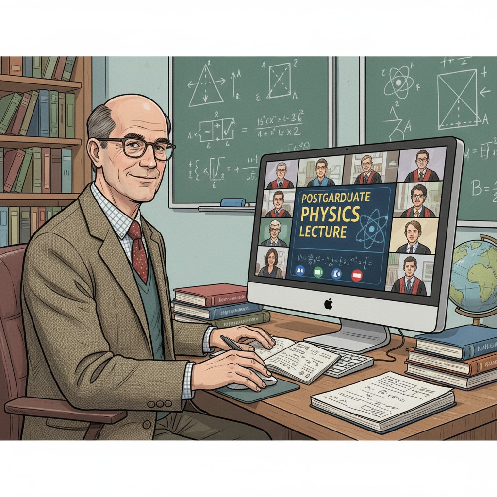 A physics teacher is sitting in front of a computer, attending an online postgraduate lecture with enthusiasm. A physics teacher attending an online postgraduate lecture