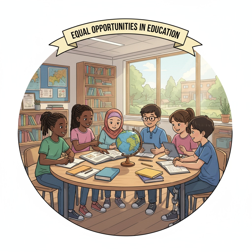 A group of students from diverse backgrounds studying together in a classroom, representing the goal of equal education opportunities. Students from different social backgrounds engaged in learning together in an educational setting related to research, evaluation, social inequality, and education.