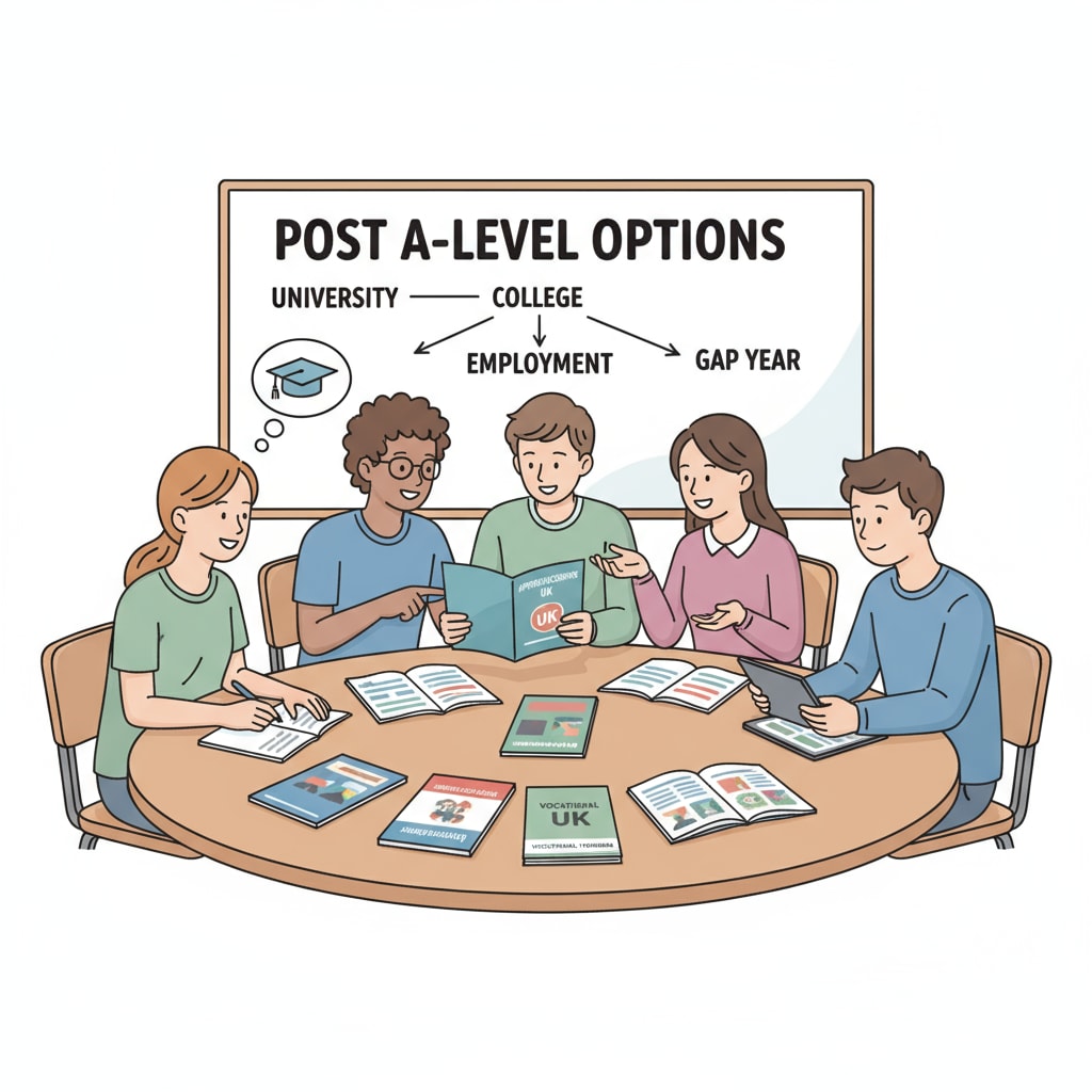 A group of students are sitting around a table, discussing different study options they can take after finishing A-Level. Some are looking at brochures, while others are taking notes. A-Level students discussing study options for foundation year and UCAS points