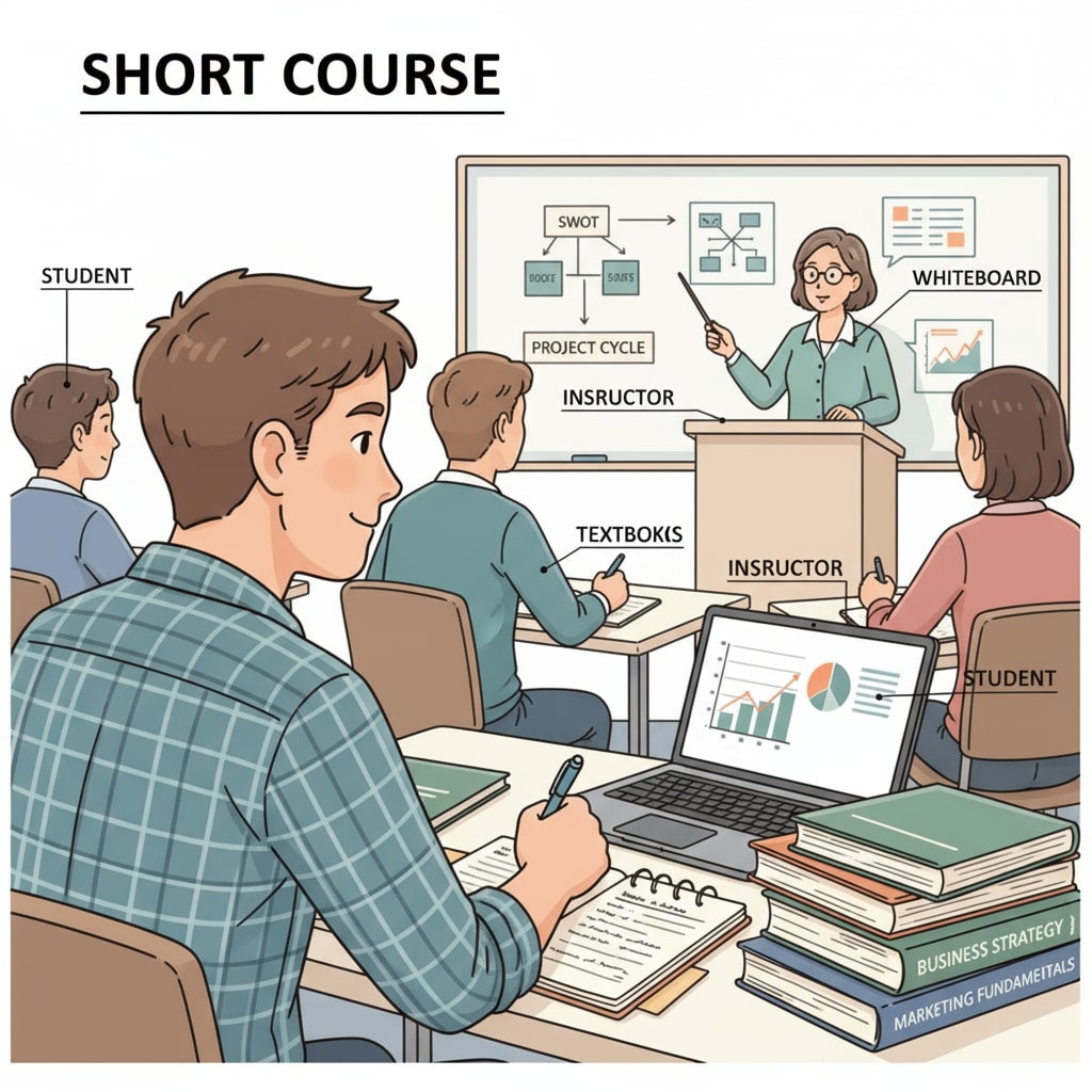 A student is attentively listening to the instructor in a classroom during a short course. There are textbooks and notebooks on the desk. Student attending a short course to earn UCAS points for foundation year after A-Level