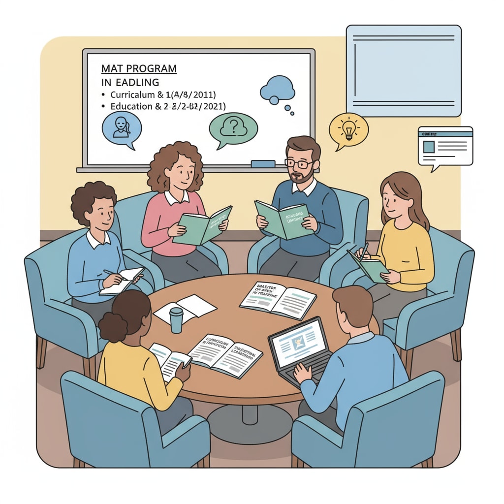 A group of teaching assistants are gathered in a school lounge, engaged in a discussion about their MAT program applications. Some are looking at brochures, while others are taking notes. Teaching assistants discussing MAT program applications and the importance of recommendation letters