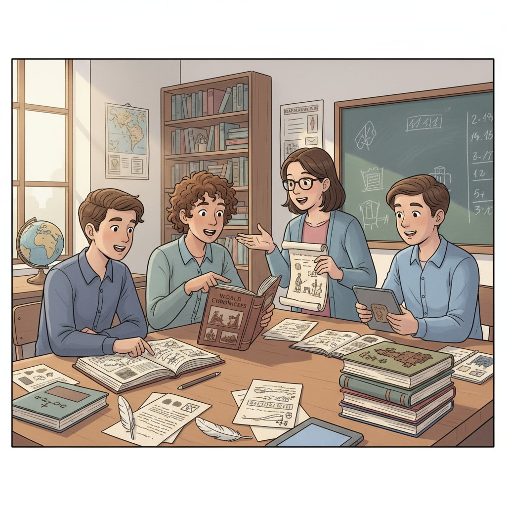 A group of students are having an animated discussion about historical events in a classroom setting, with history books and notes on their desks. Students discussing history in a classroom as part of teacher career planning and university preparation