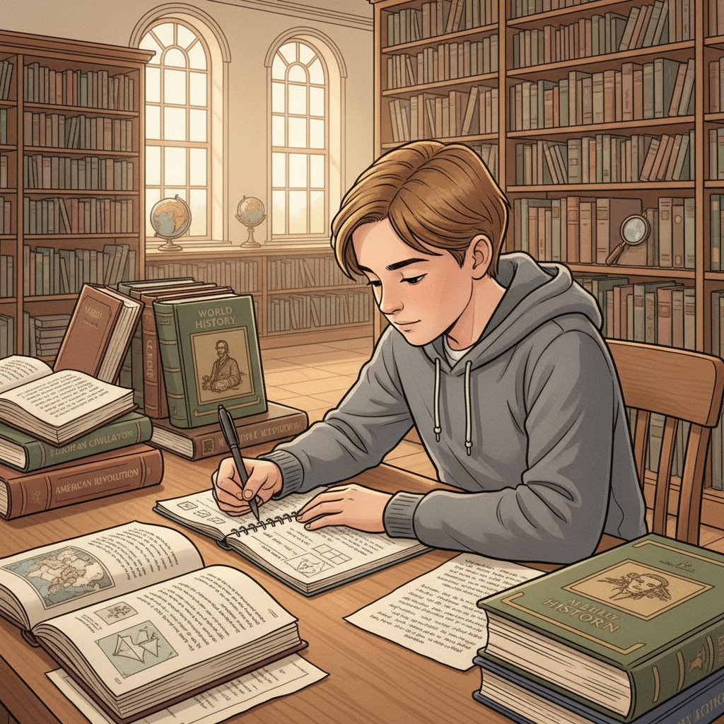 A student is sitting at a table in a library, surrounded by history books, with a notebook open, jotting down notes. A student researching history in a library during the process of preparing for a history teacher career and university applications