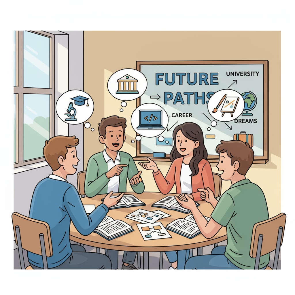 A group of high school students are engaged in a lively discussion about their future university choices and career aspirations in a classroom setting. High school students discussing university education, academic planning, and career development in a classroom