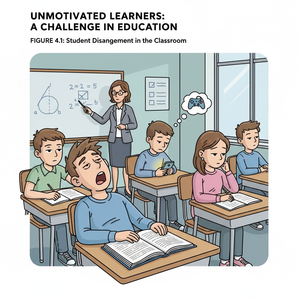 A classroom scene where some students are not paying attention, looking bored or distracted, highlighting the problem of unmotivated students in the educational system. Classroom scene with unmotivated students related to educational system, classroom management, and student diversion