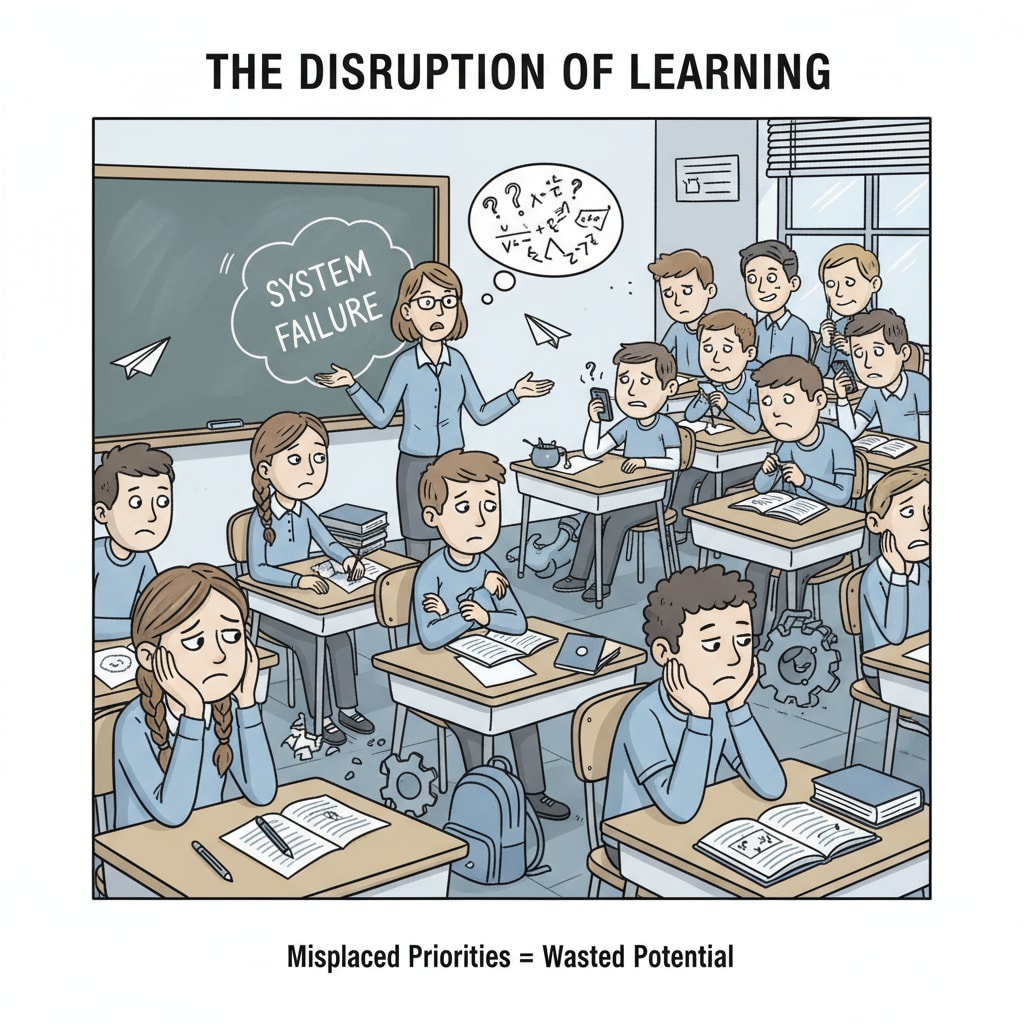 A group of students with disappointed expressions in a classroom, indicating the negative impact of misplacing unmotivated students on other students' learning, which is relevant to educational system issues. Group of frustrated students affected by educational system's misplacement related to classroom management and student diversion