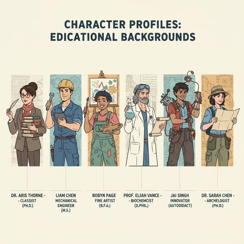 A group of people with different expressions, representing diverse characters in a novel. This visual can help readers visualize the various characters that might have different educational backgrounds in a story. A group of diverse characters related to novel writing, character writing styles, and educational background