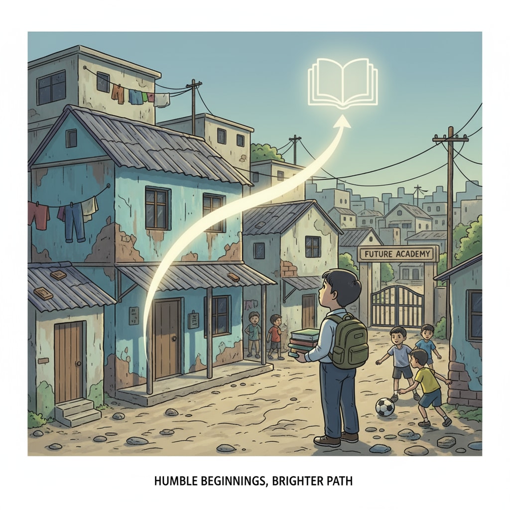 A simple house in a poor neighborhood, symbolizing a character's humble socioeconomic background. It gives a visual representation of how a character's living situation can be linked to their educational opportunities. A simple house depicting a character's socioeconomic background relevant to novel writing, character writing styles, and educational background