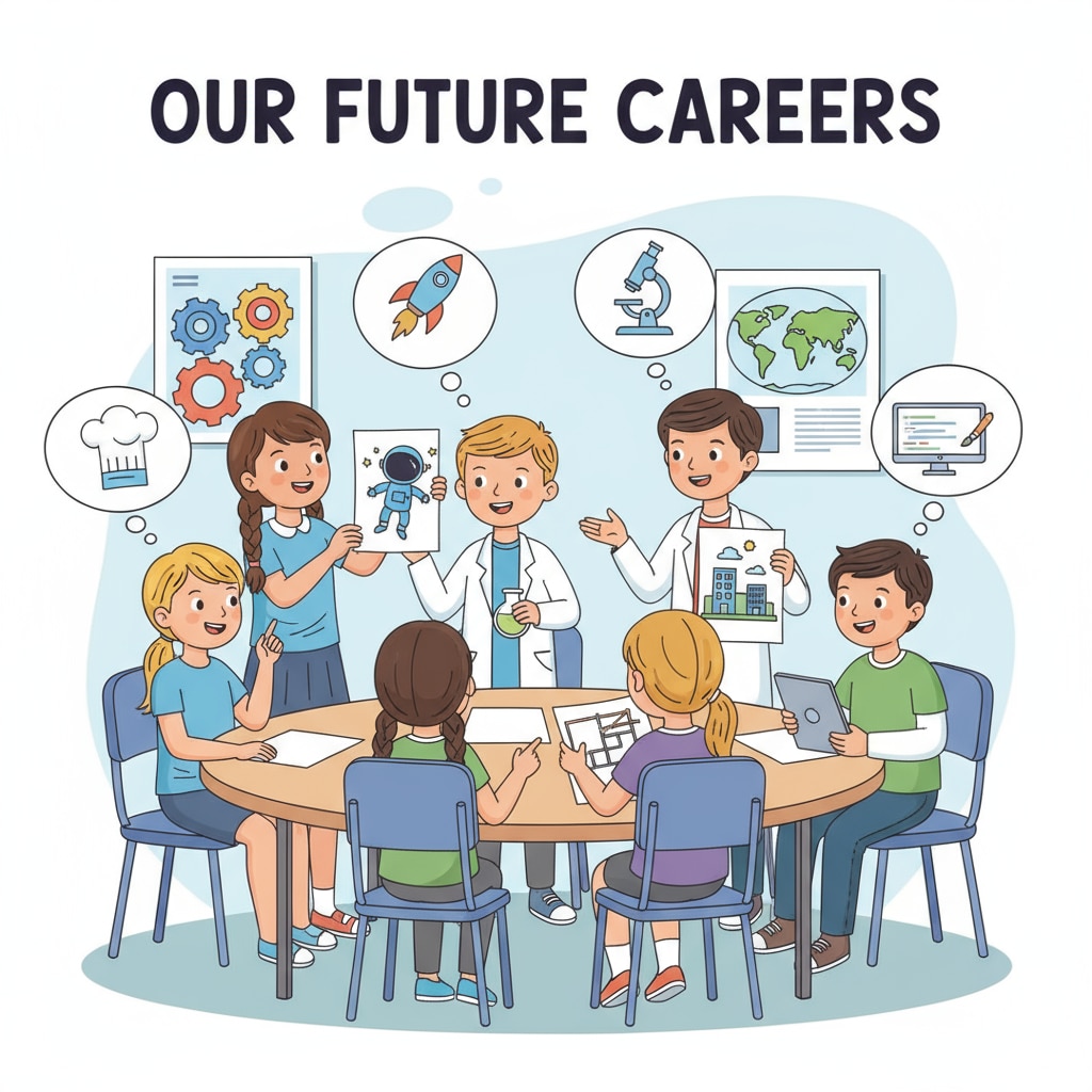 A group of K12 students are engaged in a lively discussion about their future career dreams. Some are holding pictures of their ideal jobs, showing enthusiasm and curiosity. K12 students discussing their dream careers, employment concerns, and future career plans