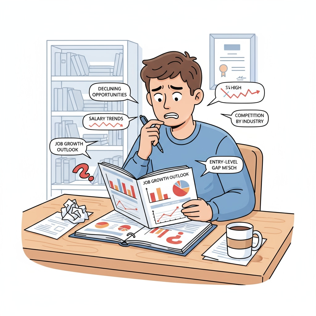 A single student is sitting at a desk, looking concerned as they read through a report filled with job market statistics and graphs, highlighting the challenges of finding suitable employment. A student expressing concerns about employment realities in relation to their dream career during K12 education