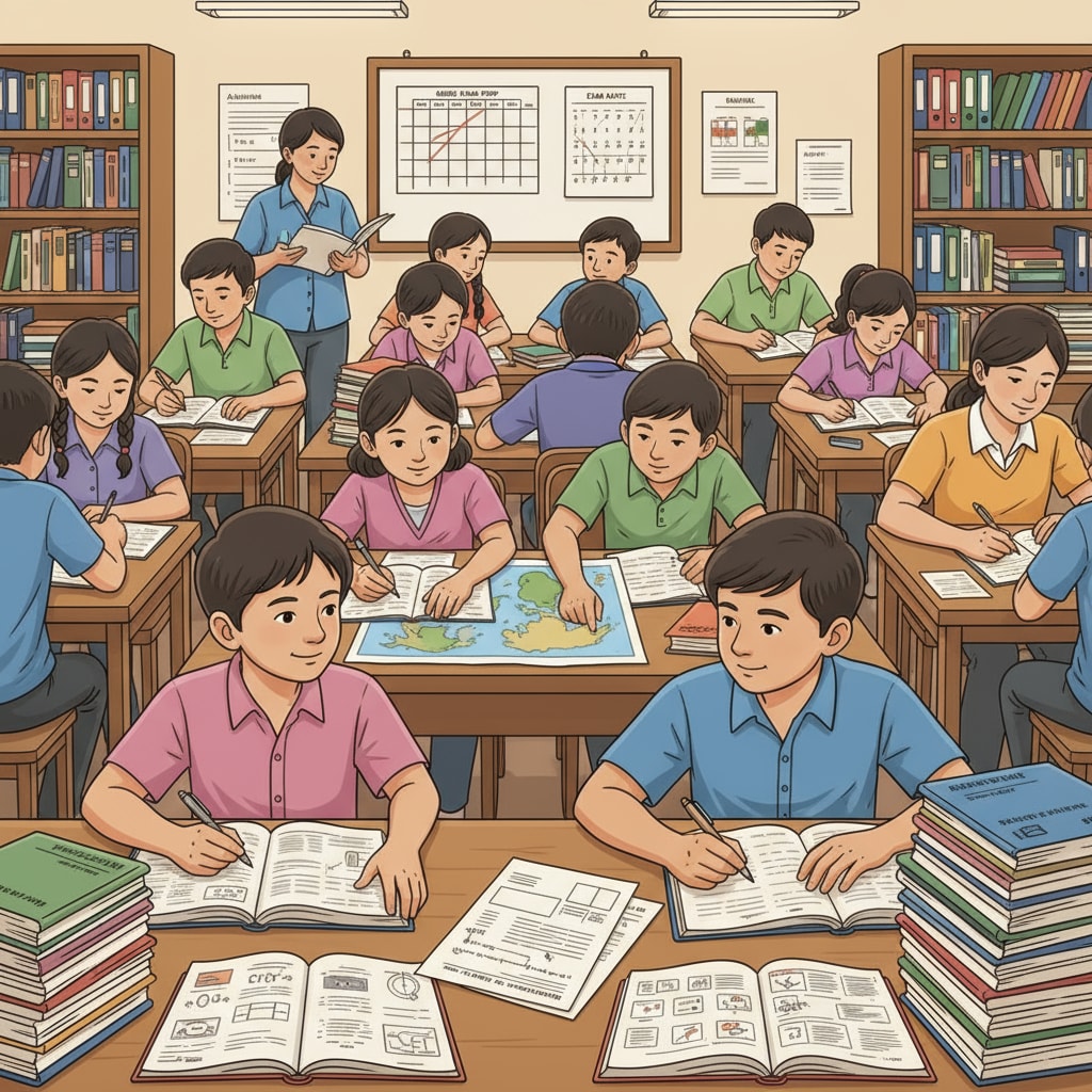 Students are seen studying at a study center, with books and papers related to the AISSEE exam around them. They are focused on preparing for the upcoming Sainik School entrance exam. Students preparing for the AISSEE exam for Sainik School admissions