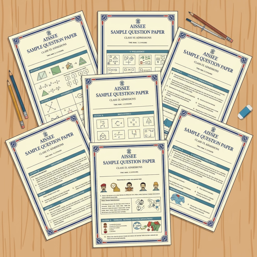 Sample question papers of the AISSEE exam are spread out on a table. There are different sections clearly visible, indicating the various subjects covered in the exam for Sainik School admissions. Sample question papers of the AISSEE exam for Sainik School