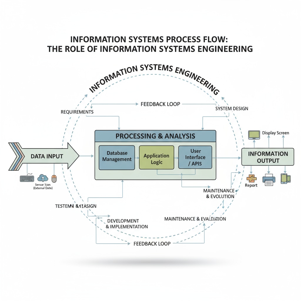 An illustration showing the process flow of an information system, highlighting the role of Information Systems Engineering. It depicts how different components interact in an information system, such as data input, processing, and output. Information Systems Engineering in an information system process